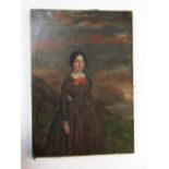Three quarter length portrait of a young woman standing in a landscape setting, oil on canvas,