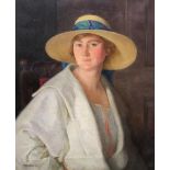 Thomas Martine Ronaldson (British 188101942) Half length portrait of a lady in white coat and wide