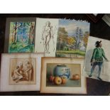 A folder containing a quantity of 19th century and later watercolours, figure studies, engravings,