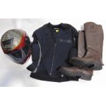 Motorcycle clothing to include a Knox zip up vest/body armour (XL) with padded back and shoulders,
