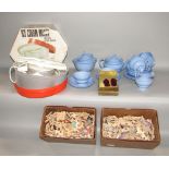 A collection of miscellaneous items to include a dolls tea set, a vintage ice cream maker, two