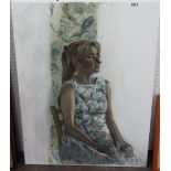 21st century British - Half length portrait of a seated woman in floral dress, oil on canvas,