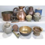 A box containing a collection of antique metal wares to include copper pans and flagons, etc