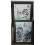 20th century oriental school landscape studies with rocky outcrops, figure, etc, (2) watercolours,