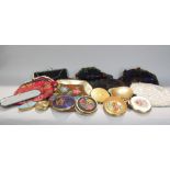 A box of ladies items to include various compacts and beaded clutch bags, etc