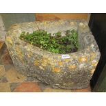 A small unusual weathered natural stone corner/wedge shaped trough approx 45 cm wide x 30 deep x