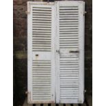 Two pairs of reclaimed painted pine louvre shutters with iron work hinges, each panel 200cm high x