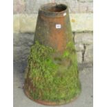 An old weathered terracotta conical shaped rhubarb forcer, 66 cm high