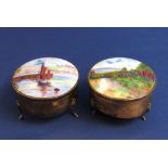 Two similar 1920s silver jewellery vitrine type boxes, each fitted with a decorative enamel lid, one