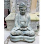 A contemporary cast composition stone Buddha with verdigree style painted finish, 55cm high