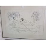 Mid 20th century school, a monochrome lithographic type print of a river scene with two female and a