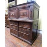 17th century oak two sectional chest, the lower section enclosed by three frieze drawers, the over