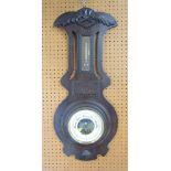 Arts and crafts type oak barometer/ thermometer, 76cm high