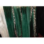 Six extra long bottle green velvet curtains, each 3.65 x 1.9 m approx, all lined with pencil pleat