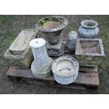 One lot of weathered cast composition stone garden urns and planters of varying design