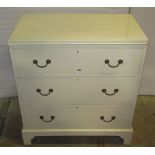 A small Edwardian painted pine chest of three long drawers on bracket supports, 77 cm wide