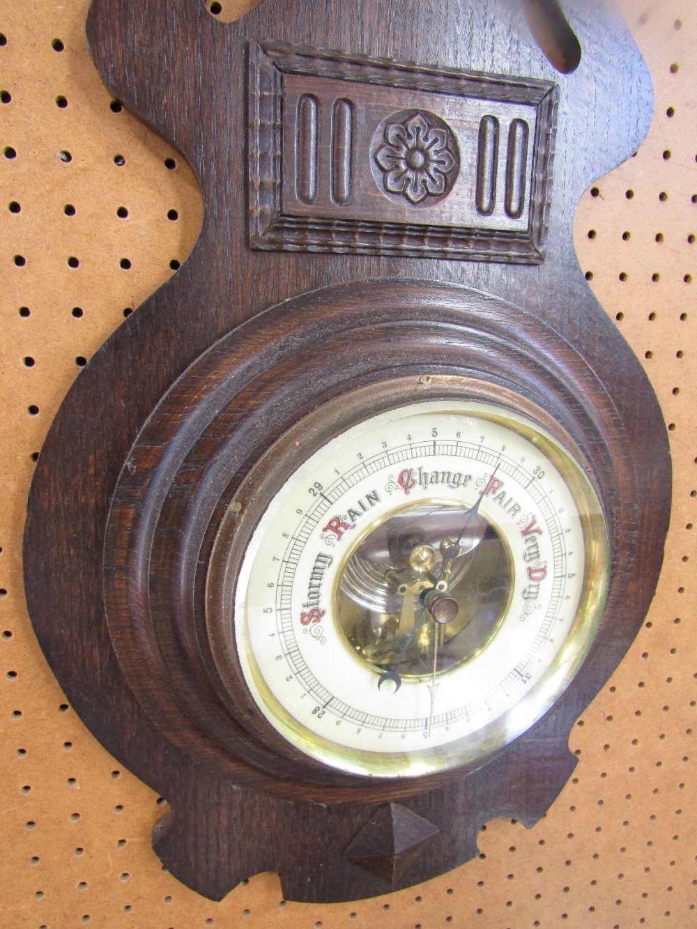 Arts and crafts type oak barometer/ thermometer, 76cm high - Image 2 of 3