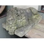 After Canova, a pair of good quality weathered cast composition stone recumbent lions with