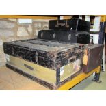 A vintage stained pine framed and re-enforced trunk, a vintage car trunk and three other cases of