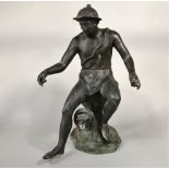 A classical bronze figural fountain head, young fisherman seated upon a stump, dressed in a lion