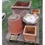 A large weathered contemporary terracotta planter of square form with relief detail, 50cm square