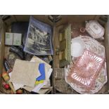 Four boxes containing a miscellaneous collection of ceramics, room labels, Victorian octagonal glass