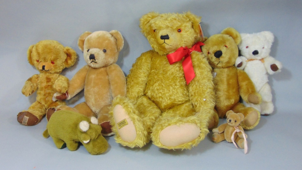 Large Hamley's teddy bear by Merrythought, 24" tall with jointed head and limbs, golden fur, clipped