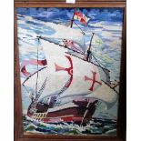 A mid-20th century Prisoner of War needlework panel showing a sailing ship at high seas, with