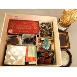 Box of small miscellaneous items - agate panels, gramophone needle tins keys, portrait frames, etc