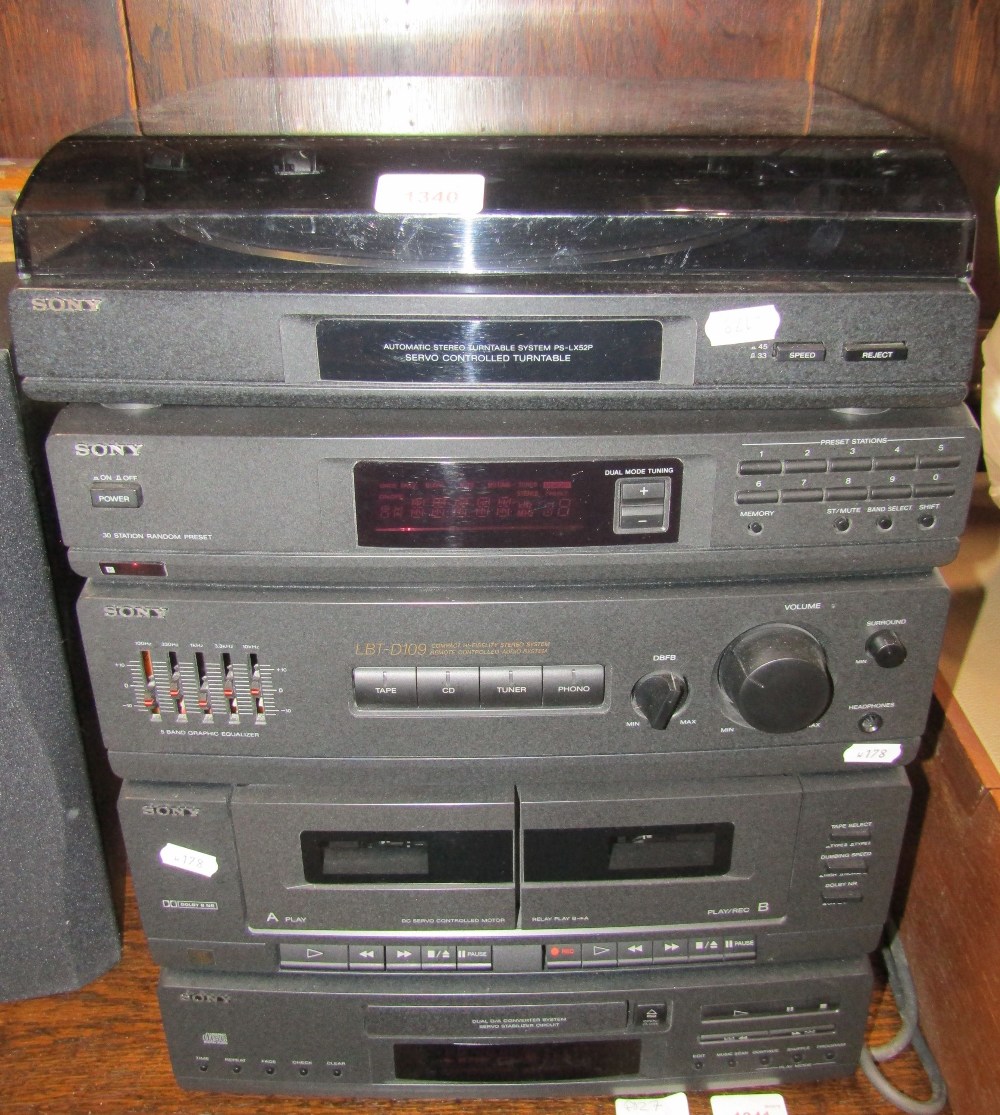 A Sony hi-fi stacking system LBT-D109, an associated Sony automatic stereo turntable PS-LX52P and