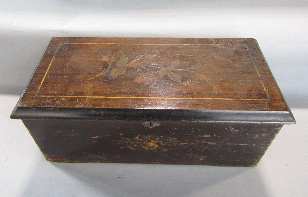Early 20th century rosewood and ebonised music box, the hinged lid inlaid with a floral spray, - Image 2 of 3