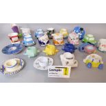 An extensive collection of various novelty egg cups in the form of animals, advertising examples,