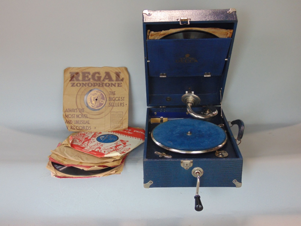 A Decca Salon table top gramophone in an unusual blue colourway with bright chrome fittings