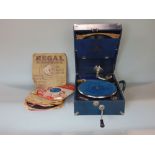 A Decca Salon table top gramophone in an unusual blue colourway with bright chrome fittings