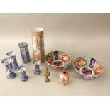 A collection of oriental ceramics including a Cantonese vase of cylindrical form, 25cm tall, a