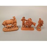 A pair of terracotta figure groups by P Grasso, one showing a farmer with cow and calf, the other