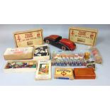 Box of vintage games including two Chad Valley GWR jigsaws, Bentley 'Model craft' racing car kit,