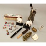 Parker fountain pen, two 19th century Indian ivory elephant groups. owl door knocker, thimble case