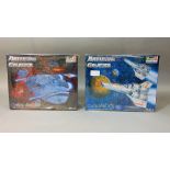 Two Revell Monogram Battlestar Galactica model kits: Cylon Raider and Colonial Viper, both unused