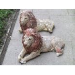 A matched pair of weathered cast composition stone garden ornaments in the form of recumbent lions