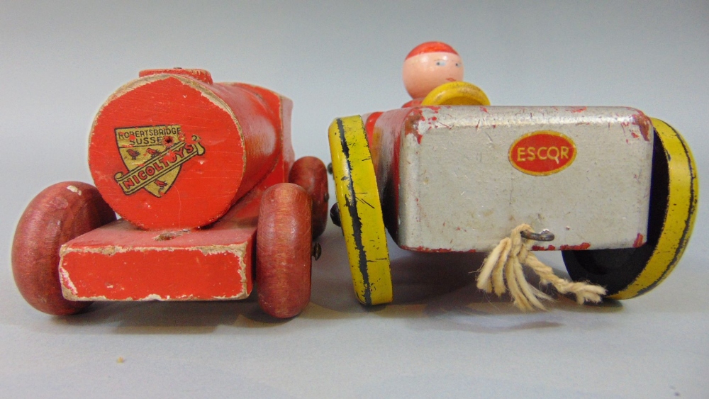 Collection of vintage wooden wheeled toys including red car by Escor and train by Nicol Toys - Image 2 of 2