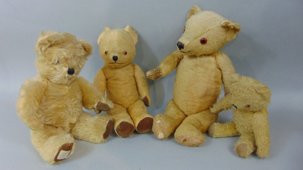 Four vintage teddy bears, all with stitched noses and articulating limbs (one labelled Chad