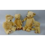 Four vintage teddy bears, all with stitched noses and articulating limbs (one labelled Chad