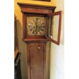 Small Georgian mahogany cottage longcase clock, with square hood enclosing a 30cm square brass dial,