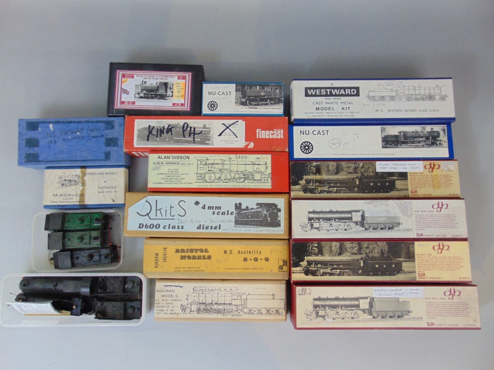 Box of vintage railway model kits, most partly constructed, including kits by McGowan models,