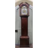 A Georgian longcase clock, the hood with column supports enclosing a broken arch brass dial with