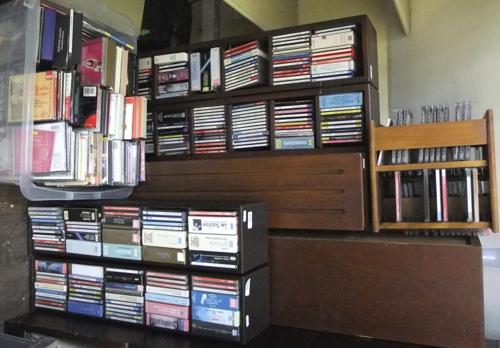An extensive collection of classical music CDs (one box and various storage racks)