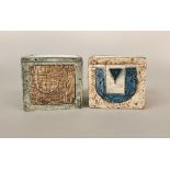 Two Troika studio pottery vases of square cut four sided form, each with incised and painted