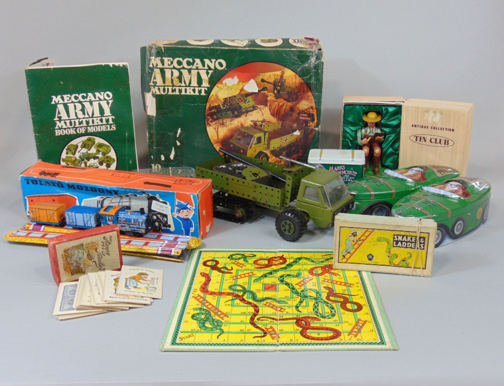 Boxed Meccano Army Multikit (assembled) and a Tolato Mozdony railway set, together with vintage