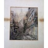 A late 19th century watercolour of a city street scene with figure, 30 x 25cm, unframed, a late 19th